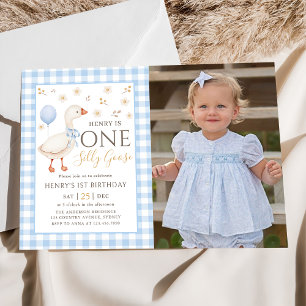 Blue One Silly Goose 1st Birthday Photo Invitation