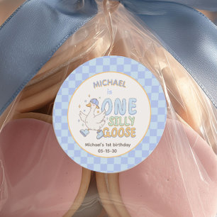 Blue One Silly Goose-Boy's First Birthday Classic Round Sticker