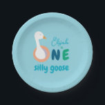Blue One Silly Goose Cute Boy First Birthday Paper Plate<br><div class="desc">For a baby boy's first birthday with the theme "one silly goose". The word ONE has each letter in a different colour: brown, blue and green, and a white goose's head pops from the big O. The name is written in a blue script, the words "silly goose" are the same...</div>
