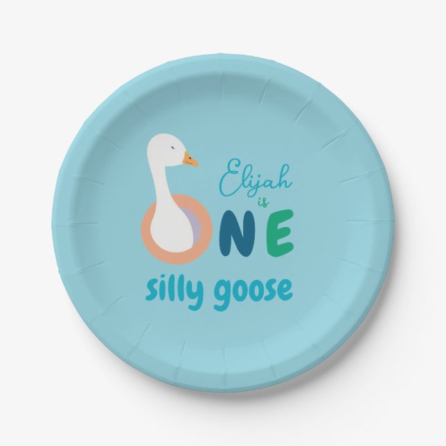 Blue One Silly Goose Cute Boy First Birthday Paper Plate (Front)