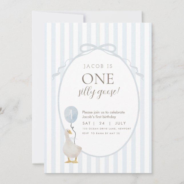 Blue One Silly Goose First Birthday Invitation (Front)
