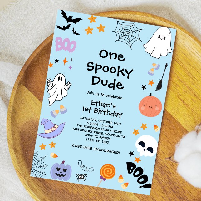 Blue One Spooky Dude Ghost Halloween 1st Birthday Invitation (Blue One Spooky Dude Cute Ghost Boy Halloween 1st Birthday Invitation )