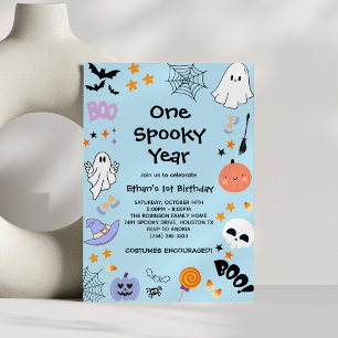 Blue One Spooky Year Ghost Halloween 1st Birthday Invitation