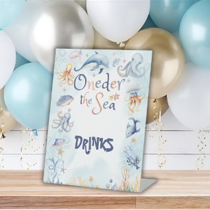 Blue Oneder the sea 1st birthday Drinks Pedestal Sign