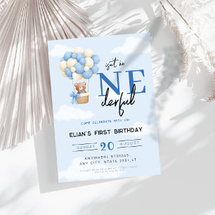 Blue Onederful Hot Air Balloon boy 1st Birthday Invitation