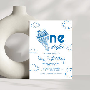 Blue Onederful Hot Air Balloon boy 1st Birthday Invitation