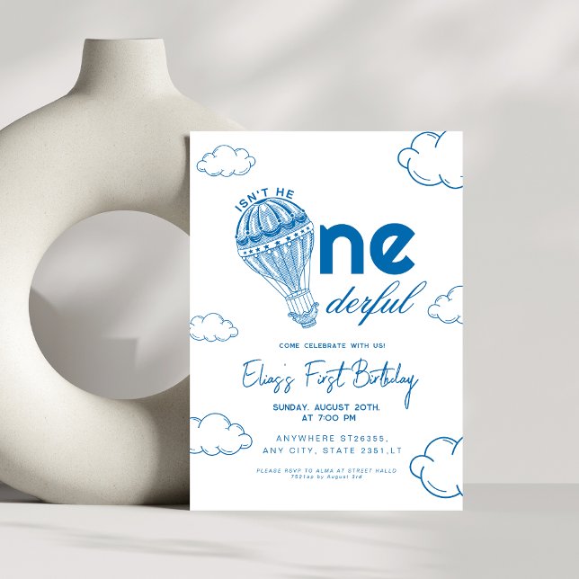 Blue Onederful Hot Air Balloon boy 1st Birthday Invitation (Creator Uploaded)