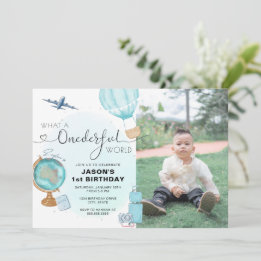 Blue ONEderful World Photo 1st Birthday Invitation