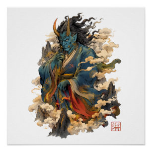 Blue Oni Demon Warrior Japanese Yokai Mythology Poster