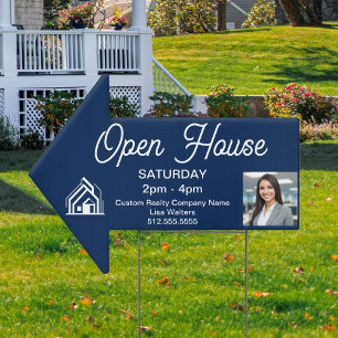 Blue Open House Real Estate Company Logo Arrow Garden Sign