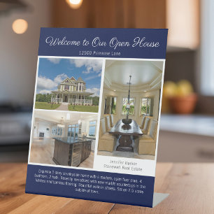 Blue Open House Real Estate Listing Photo Pedestal Sign