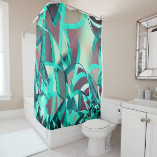 Blue or cyan streaks over red, drizzled image shower curtain