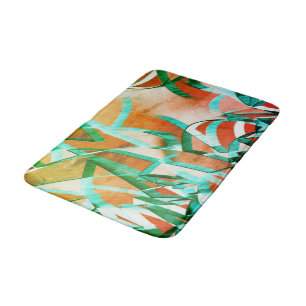 Blue or cyan streaks over rustic reddish orange bath mat