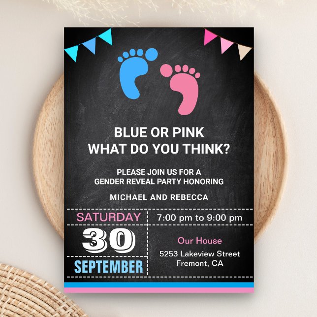 Blue or Pink Baby Footprints Gender Reveal Party Invitation (Creator Uploaded)