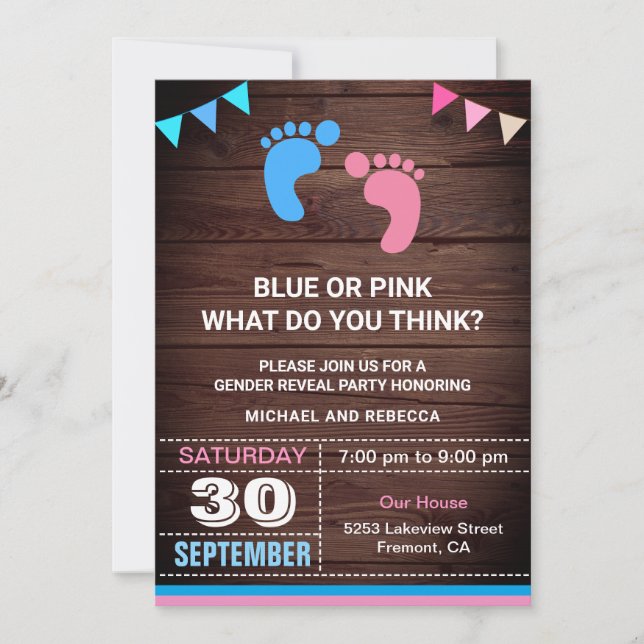 Blue or Pink Baby Footprints Gender Reveal Party Invitation (Front)