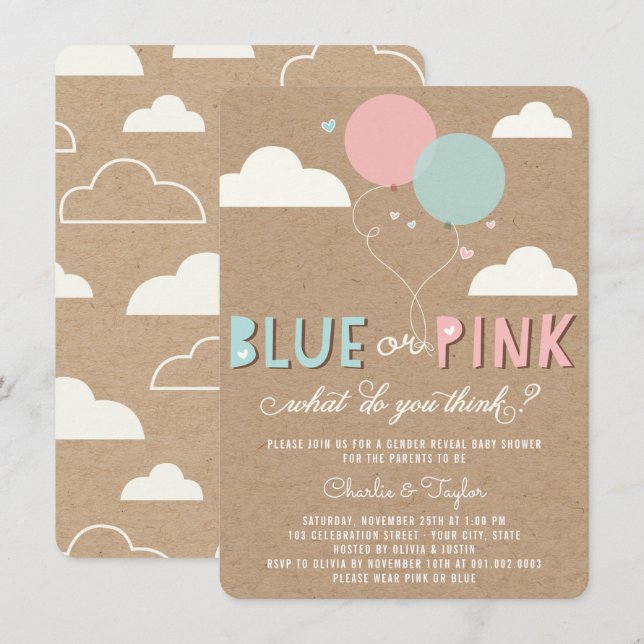 Blue or Pink Baby Gender Reveal Party Invite (Front/Back)