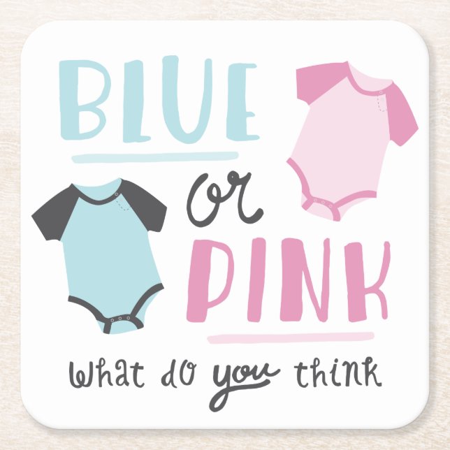 Blue or Pink Baby Gender Reveal Party Shower Square Paper Coaster (Front)
