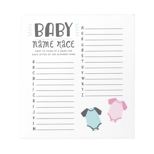 Blue or Pink Baby Shower Name Race Game Notepad (Front)