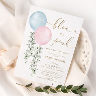 Blue or Pink Balloons Eucalyptus Gender Reveal Inv Invitation