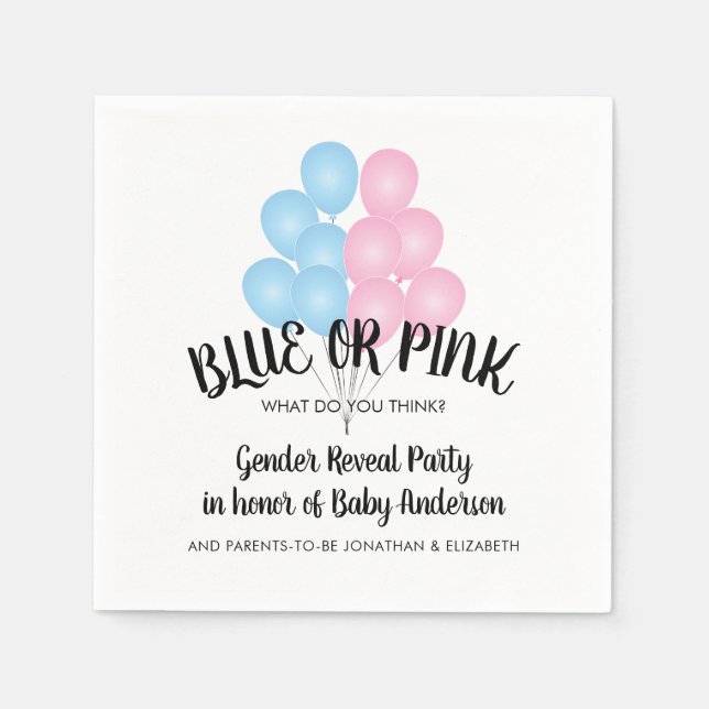 Blue or Pink Balloons Gender Reveal Party Napkin (Front)