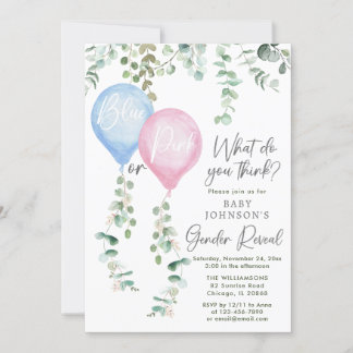 Blue or pink balloons greenery gender reveal invitation