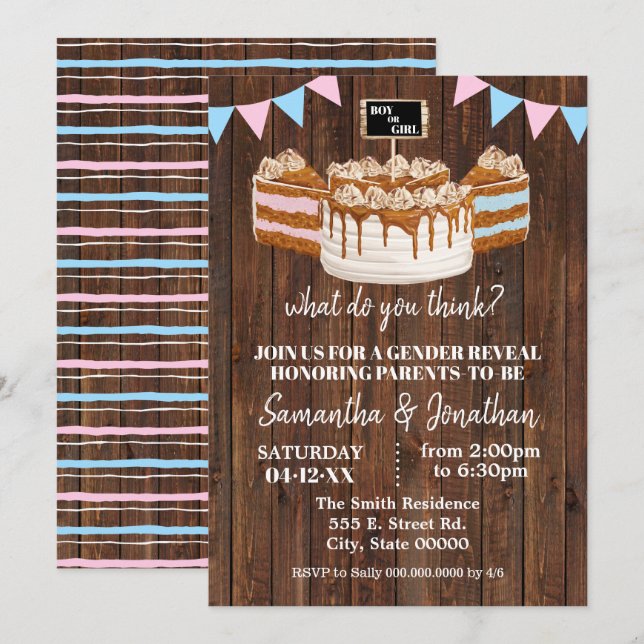 Blue or Pink Cake Gender Reveal Baby Shower Invitation (Front/Back)