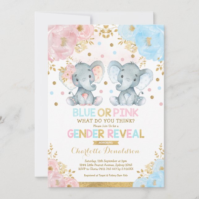 Blue or Pink Elephant Gender Reveal Baby Shower Invitation (Front)