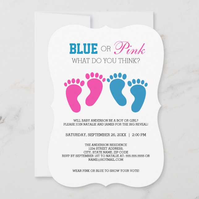 Blue or Pink Foot Prints Gender Reveal Party Invitation (Front)