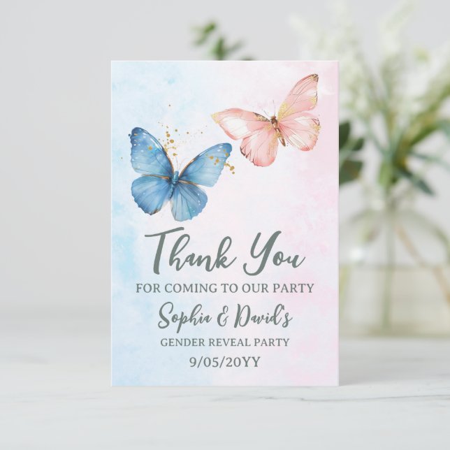 Blue or Pink Gender Reveal Baby Shower Party Thank You Card (Standing Front)