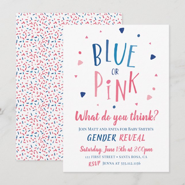 Blue or pink gender reveal invitation (Front/Back)