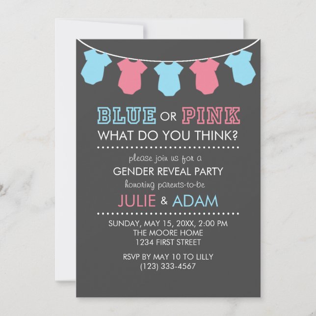Blue or Pink Gender Reveal Party Invite Grey (Front)