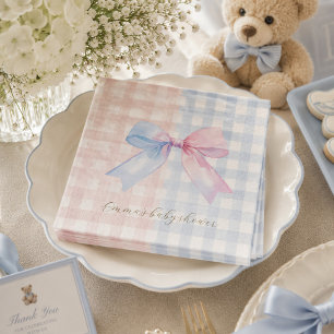 Blue or Pink Gingham Bow Gender Reveal Baby Shower Napkin