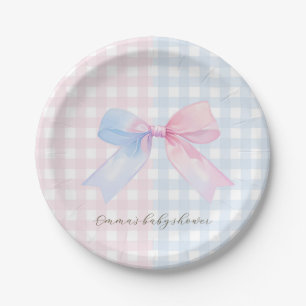 Blue or Pink Gingham Bow Gender Reveal Baby Shower Paper Plate