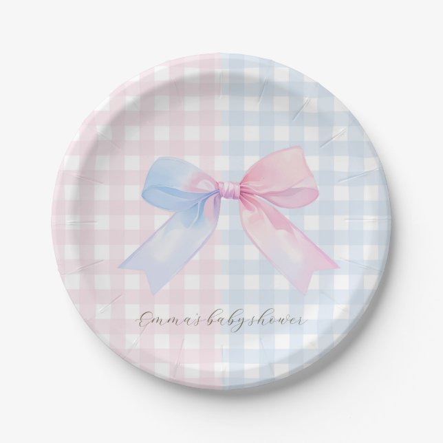 Blue or Pink Gingham Bow Gender Reveal Baby Shower Paper Plate (Front)