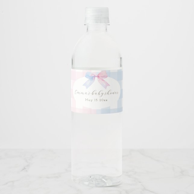 Blue or Pink Gingham Bow Gender Water Bottle Label (Front)