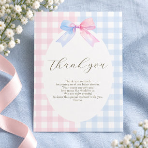 Blue or Pink Gingham Bow Thank You Card