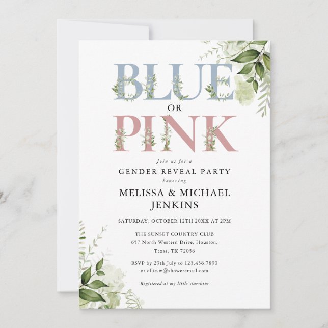 Blue Or Pink Greenery Letter Gender Reveal Party Invitation (Front)