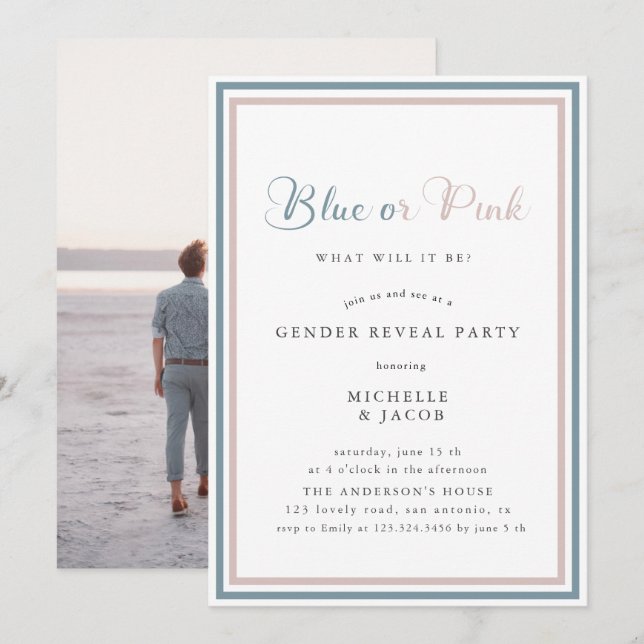 Blue or pink modern Gender Reveal Invitation (Front/Back)