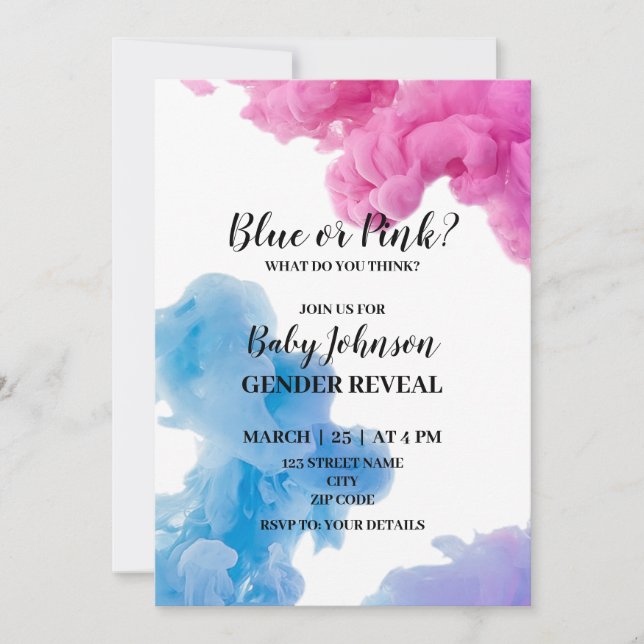 Blue or pink smoke gender reveal invitation (Front)