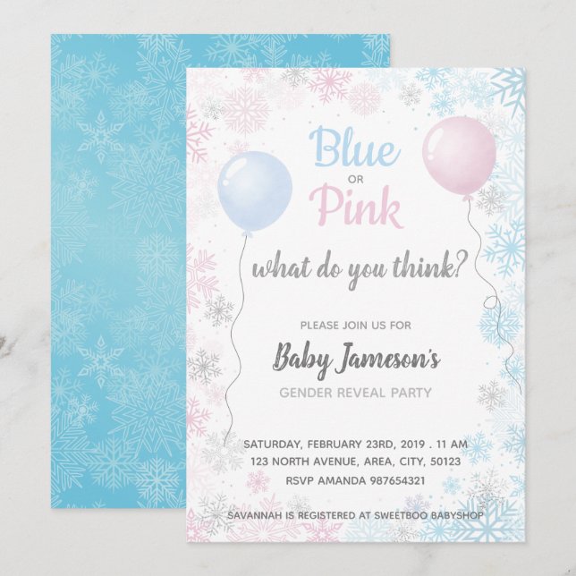Blue or Pink Snowflakes Gender Reveal Baby Shower Invitation (Front/Back)
