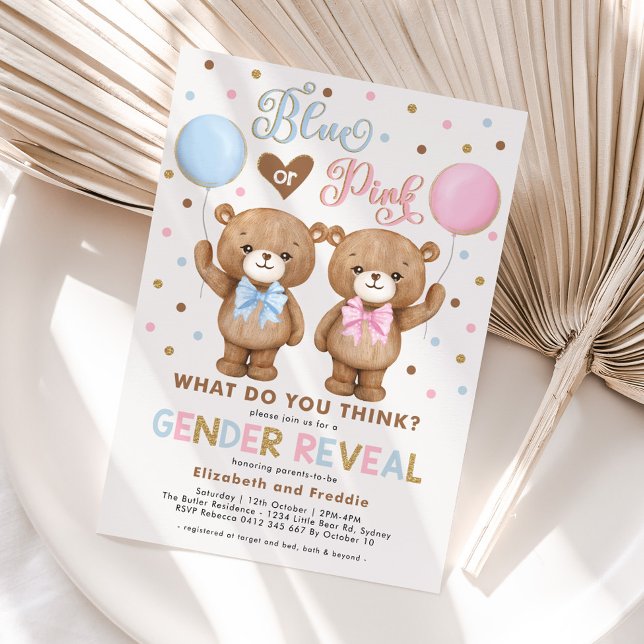 Blue or Pink Teddy Bear Balloons Gender Reveal Invitation (Creator Uploaded)