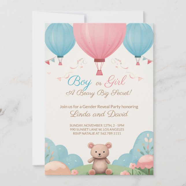Blue or Pink Teddy Bear Gender Reveal Party Invitation (Front)