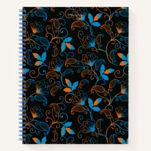 Blue Orange Abstract Floral on Black Background Notebook