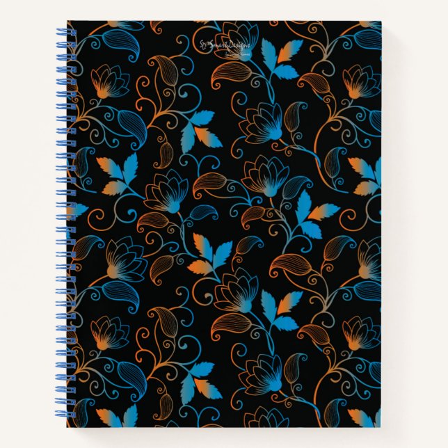 Blue Orange Abstract Floral on Black Background Notebook (Front)