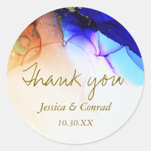 Blue Orange Abstract Wedding Thank You Classic Round Sticker