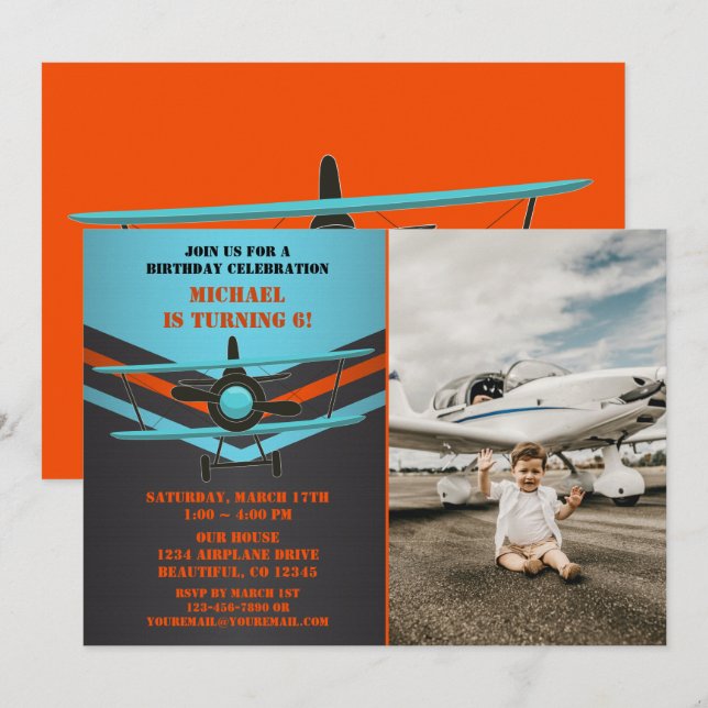 Blue, Orange Aeroplane Aviation Biplane Birthday Invitation (Front/Back)