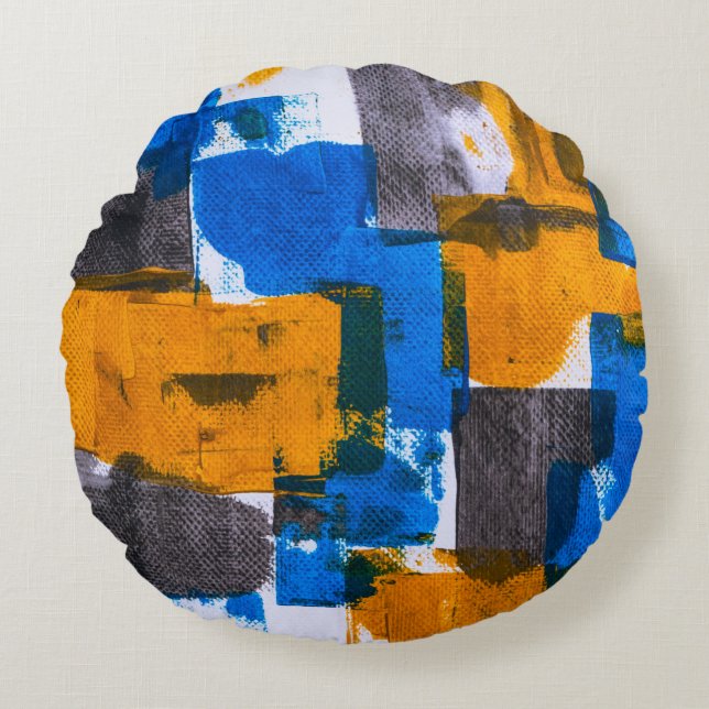 Blue, orange, and gray abstract art round cushion (Front)