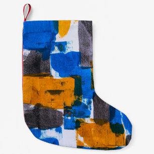 Blue, orange, and gray abstract art small christmas stocking