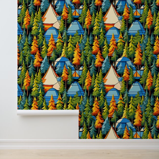 Blue, Orange and Green Tents and Pine Trees Camp Wallpaper (Application)