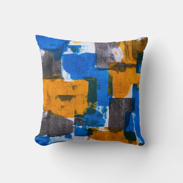 Blue, orange, and grey abstract art cushion (Front)